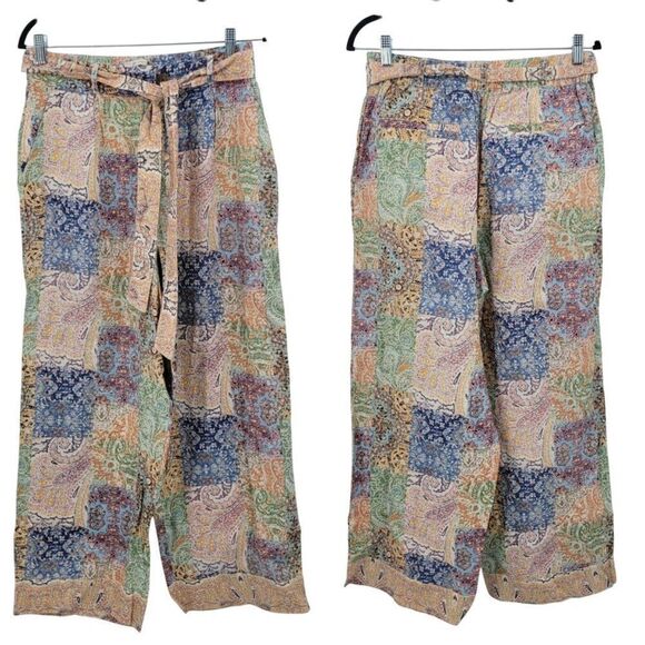 Rachel Zoe Womens Linen Multicolor Paisley Patchwork Wide-Leg Pants Sz L Boho - Picture 1 of 14